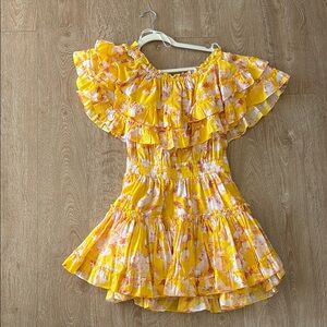 Misa Los Angeles Bright Yellow Sundress with Flutter Sleeves and Ruffled Tiers